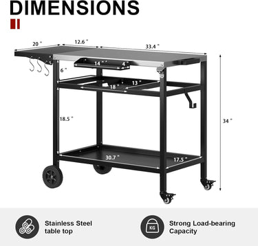 3-Shelf Grill Table for Outside with Removable Tray, Stainless Steel Grill Cart with Foldable Side Table, Movable Outdoor Prep Table, 33" L x 20" W