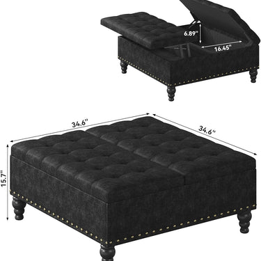 Large Square Storage Ottoman Bench,Versatile Lift-Top Coffee Table, Toy Box Footrest for Living Room in Chenille, Black