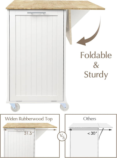 Kitchen Island with Storage, 31.5" D Rolling Kitchen Island Cart on Wheels with Widen Drop Leaf Rubberwood Top, Large Mobile Kitchen Island with Trash Can Storage and Towel Bar, White