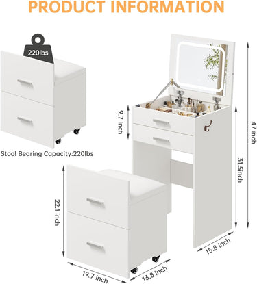 3 in 1 Vanity Desk, Compact Vanity with 3 Drawers, Makeup Desk with Flip-up 3 Colors Lighting Mirror and Cushioned Stool, Small Vanity Nightstand Perfect for Bedroom, White