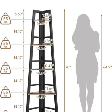 OtterOsis Corner Shelf Stand, 5-Tier Corner Shelf with LED Light, 70Inch Tall Display Shelf for Living Room, Bedroom, Bookshelf, Wood Ladder Shelf with Steel Frame, Plant Shelf (Brown)