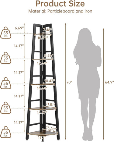 OtterOsis Corner Shelf Stand, 5-Tier Corner Shelf with LED Light, 70Inch Tall Display Shelf for Living Room, Bedroom, Bookshelf, Wood Ladder Shelf with Steel Frame, Plant Shelf (Brown)