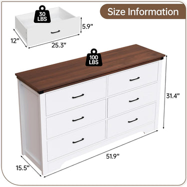 Farmhouse 6 Drawer Dresser for Bedroom, 51" Wide Chest of Drawers, Wood White Dresser with Deep Drawers, Storage Dressers Organizer for Bedroom, Living Room, Hallway