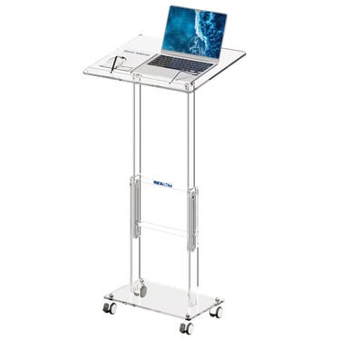 Acrylic Podium Stand，49“ Tall Portable Podium with Lockable Wheels, Clear lecterns & Podium with Storage Shelf for Classroom, Pulpit Podium for Church,Wedding,Presentation