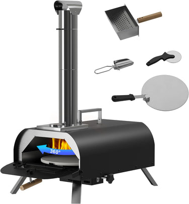 LotFun Outdoor Pizza Oven with Manual Rotating System, 12" Portable Wood Fired Pizza Oven with Pizza Stone, Pizza Shovel and Pizza Cutter, Stainless Steel Pizza Oven for Backyard Patio