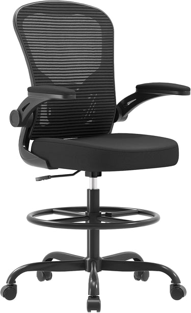 Synorla Ergonomic Drafting Chair, Tall Office Chair with Flip-up Armrests, Breathable Mesh High Desk Chair with Lumbar Support Adjustable Footrest Ring for Standing Desk, Home Office Studio
