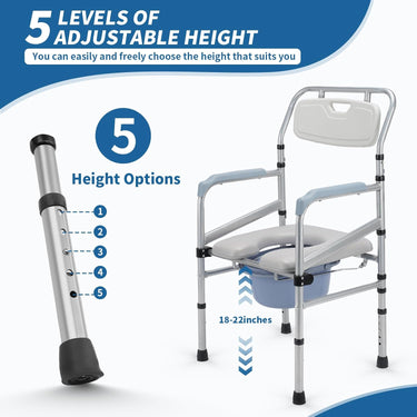 Bedside Commode, 4 in 1 Portable Toilet for Adults with Upgraded Oversized Bucket and Padded Seat, Adjustable Height Commode Toilet Chair Shower Chair for Elderly Handicap, 440LB.Weight Capacity