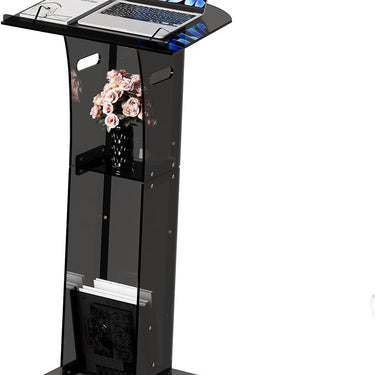 Acrylic Podium Stand，49“ Tall Portable Podium with Lockable Wheels, Black lecterns & Podium with Storage Shelf for Classroom, Pulpit Podium for Church,Wedding,Presentation