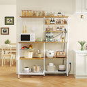 L-Shaped Bakers Rack with Power Outlet, 6-Tier Microwave Stand with Open Storage, Coffee Bar with Hooks, Mesh Grid, Kitchen Shelf with Wire Basket, White
