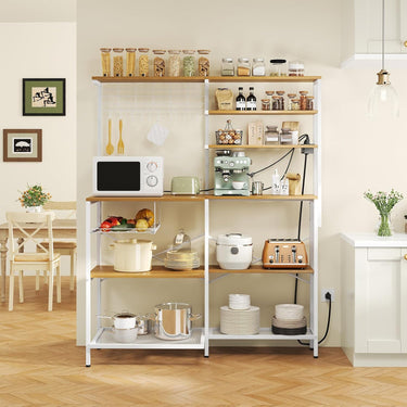 L-Shaped Bakers Rack with Power Outlet, 6-Tier Microwave Stand with Open Storage, Coffee Bar with Hooks, Mesh Grid, Kitchen Shelf with Wire Basket, White