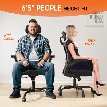 Ergonomic Office Chair Big and Tall, 350LBS Capacity, 6'5" Tall Max, Home High Back Desk Chair for Long Hours Comfortable, Adjustable Lumbar Support and Headrest, Flip-up Arm and PU Wheels, Black