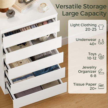 White Wood Dresser for Bedroom, 5 Drawer for Clothes Storage, Modern Dresser with Wide Drawers, Wide Wooden Chest Drawers for Living Room, Entryway, TV Stand