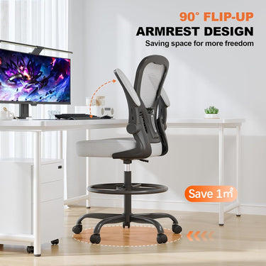 Synorla Ergonomic Drafting Chair, Tall Office Chair with Flip-up Armrests, Breathable Mesh High Desk Chair with Lumbar Support Adjustable Footrest Ring for Standing Desk, Home Office Studio