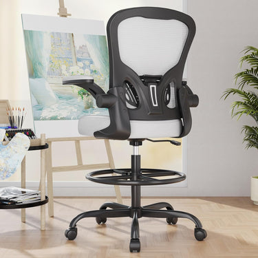 Synorla Ergonomic Drafting Chair, Tall Office Chair with Flip-up Armrests, Breathable Mesh High Desk Chair with Lumbar Support Adjustable Footrest Ring for Standing Desk, Home Office Studio