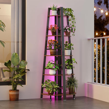 OtterOsis Corner Shelf Stand, 5-Tier Corner Shelf with LED Light, 70Inch Tall Display Shelf for Living Room, Bedroom, Bookshelf, Wood Ladder Shelf with Steel Frame, Plant Shelf (Brown)