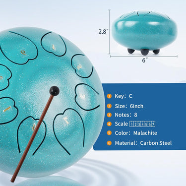 Rain Drum for Outside 6 Inch 8 Notes, Malachite Steel Tongue Drum, Music Valentine's Day Gifts for Family Friends, Drum Instrument, New Year Gift Drum for Meditation Yoga Education