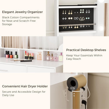 Makeup Vanity with Hidden Storage, Vanity Mirror Desk Set with Lights and Cushioned Stool for Women Girls, White Vanity Table for Bedroom with Power Outlet, Drawers, Cabinet and Shelves