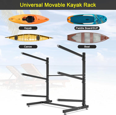 LotFun Freestanding Kayak Stand, Fits Kayaks, SUPs, Canoes, with Wheels and Foot Pad, Heavy Duty Adjustable Storage Rack