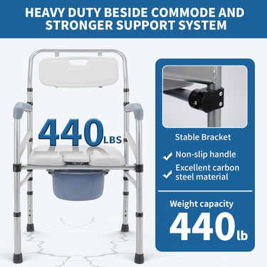 Bedside Commode, 4 in 1 Portable Toilet for Adults with Upgraded Oversized Bucket and Padded Seat, Adjustable Height Commode Toilet Chair Shower Chair for Elderly Handicap, 440LB.Weight Capacity