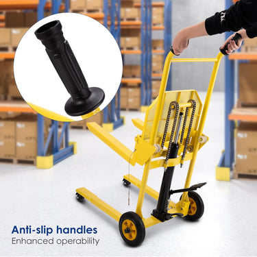 Hydraulic Material Lift with Upgraded Baffle Pallet Lift 550 lbs 37.4” Max Lift with Front Universal Wheels and 9" Polyurethane Wheels, 18.5" Fork Length, Lift Dolly, Hand Forklift, Steel Platform x 1