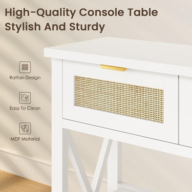 47.2" Modern Console Table with 3 Rattan Drawers, Entryway Table with 3-Tier Storage Shelves, Narrow Long Sofa Table for Entryway, Hallway, Foyer and Living Room, White