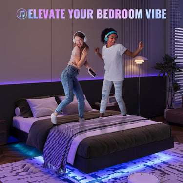 Queen Size Floating Bed Frame with LED Lights, Black Upholstered and Metal Platform Bed Queen, Modern Stable Floating Bed Frame Without Headboard, No Box Spring Needed, Easy to Assemble