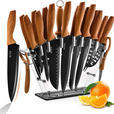 EUNA Knife Block Set, 19 PCS Kitchen Knife Set with Acrylic Block and Sharpener, German High-Carbon Stainless Steel Knife Sets with 6 Serrated Steak Knives, Bread Knife, Chef Knife, Dishwasher Safe