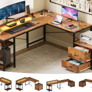 66" L Shaped Desk with Wood Drawers, 113" 2 Person Desk with Printer Stand, Large Reversible L Shape Gaming Desk with Power Outlet, Brown Computer Desk with Power Outlet for Home Office