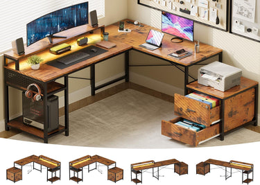 66" L Shaped Desk with Wood Drawers, 113" 2 Person Desk with Printer Stand, Large Reversible L Shape Gaming Desk with Power Outlet, Brown Computer Desk with Power Outlet for Home Office