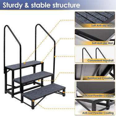 3-Step RV Steps with Dual Handrails – Heavy-Duty RV Stairs for Camper, Hot Tub, Trailer & Porch with Non-Slip Mats