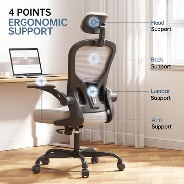 Synorla Ergonomic Office Chair Big and Tall, 350LBS Capacity, 6'5" Tall Max, Home High Back Desk Chair for Long Hours Comfortable, Adjustable Headrest, Lumbar Support, Flip-up Arm and PU Wheels, Grey