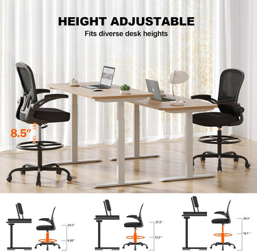 Synorla Ergonomic Drafting Chair, Tall Office Chair with Flip-up Armrests, Breathable Mesh High Desk Chair with Lumbar Support Adjustable Footrest Ring for Standing Desk, Home Office Studio