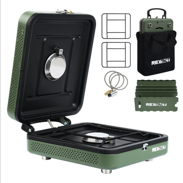 2 Burner Camping Stove with Carrying Bag,Windscreen&Table, Foldable Propane Camp Stove with 17,200 BTU for Camping, Outdoor Cooking, Portable Gas Stove with Adjustable Burner for BBQ,Green