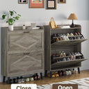 Shoe Storage Cabinet with 2 Flip Drawers, Farmhouse Narrow Shoe Cabinet for Entryway, Slim Shoe Organizer Cabinet with Wood Legs, Washed Gray