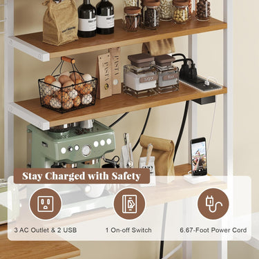 L-Shaped Bakers Rack with Power Outlet, 6-Tier Microwave Stand with Open Storage, Coffee Bar with Hooks, Mesh Grid, Kitchen Shelf with Wire Basket, White