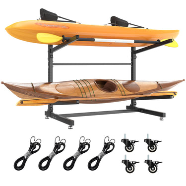 LotFun Freestanding Kayak Stand, Fits Kayaks, SUPs, Canoes, with Wheels and Foot Pad, Heavy Duty Adjustable Storage Rack