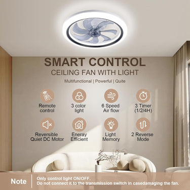 20 Inch Ceiling Fan with Light Modern Low Profile Ceiling Fans with Lights and Remote Flush Mount 3000K-6500K Smart LED Fan Light Ceiling Fan with Lights for Bedroom, Living Room, Office