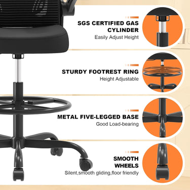 Synorla Ergonomic Drafting Chair, Tall Office Chair with Flip-up Armrests, Breathable Mesh High Desk Chair with Lumbar Support Adjustable Footrest Ring for Standing Desk, Home Office Studio