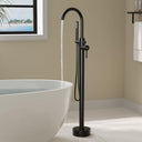 Freestanding Bathtub Faucet, Floor Mount Bathtub Faucet with 2 Water Outlet Modes, Swivel Gooseneck Spout with Hand Shower, Brass Single Handle Tub Filler, Max Flow Rate 7.4 GPM, Matte Black