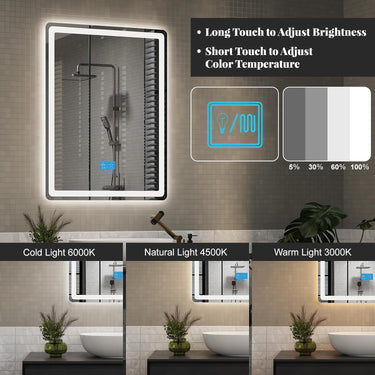 LED Bathroom Mirror with Bluetooth Speaker, 24"x 32" Lighted Bathroom Mirrors Wall Mounted, Anti-Fog, 3 Color Temperature, Dimmable Brightness, Tempered Glass, Frontlit & Backlit