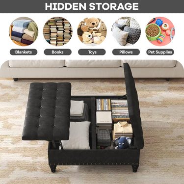 Large Square Storage Ottoman Bench,Versatile Lift-Top Coffee Table, Toy Box Footrest for Living Room in Chenille, Black
