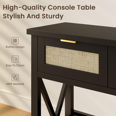 47.2" Modern Console Table with 3 Rattan Drawers, Entryway Table with 3-Tier Storage Shelves, Narrow Long Sofa Table for Entryway, Hallway, Foyer and Living Room, Black