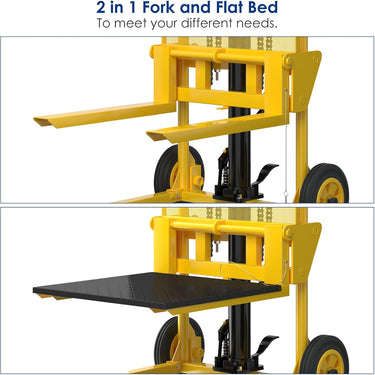 Hydraulic Material Lift with Upgraded Baffle Pallet Lift 550 lbs 37.4” Max Lift with Front Universal Wheels and 9" Polyurethane Wheels, 18.5" Fork Length, Lift Dolly, Hand Forklift, Steel Platform x 1