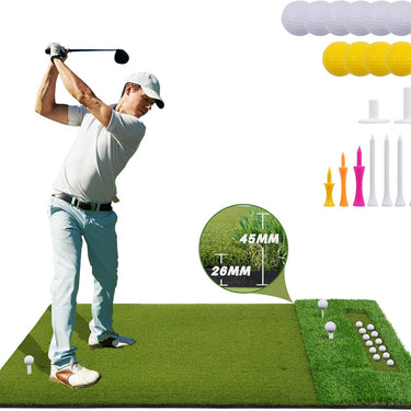 LotFun 5x4ft Dual-Turf Golf Mat with Embedded Ball Tray, Thicken Golf Hitting Mat, Golf Practice Mat with 9 Golf Balls 9 Golf Tee for Hitting, Driving, Chipping, Swing in Backyard, Garage or Basement