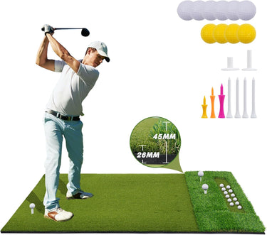 LotFun 5x4ft Dual-Turf Golf Mat with Embedded Ball Tray, Thicken Golf Hitting Mat, Golf Practice Mat with 9 Golf Balls 9 Golf Tee for Hitting, Driving, Chipping, Swing in Backyard, Garage or Basement
