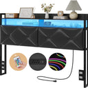Headboard Queen Size with 2-Tier Open Storage and LED Light, Upholstered Headboard with Charging Station, Height Adjustable Sturdy Queen Bed Head Only for Dorm Bedroom, Easy Assembly, Black