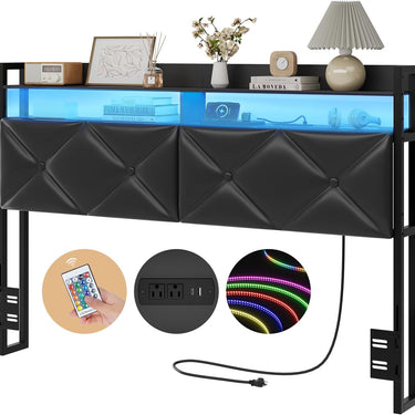 Headboard Queen Size with 2-Tier Open Storage and LED Light, Upholstered Headboard with Charging Station, Height Adjustable Sturdy Queen Bed Head Only for Dorm Bedroom, Easy Assembly, Black