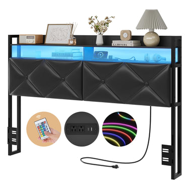 Headboard Queen Size with 2-Tier Open Space and Pull-Out Hidden Storage, Upholstered Headboard with Charging Station, Height Adjustable Sturdy Queen Bed Head Only, Easy Assembly, Ivory