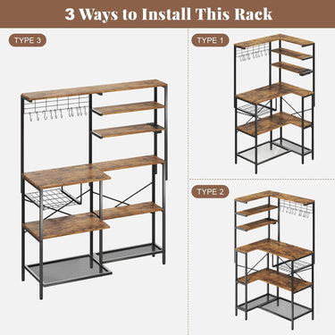 L-Shaped Bakers Rack with Power Outlet, 6-Tier Microwave Stand with Open Storage, Coffee Bar with Hooks, Mesh Grid, Kitchen Shelf with Wire Basket, Rustic Brown and Black