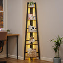 OtterOsis Corner Shelf Stand, 5-Tier Corner Shelf with LED Light, 70Inch Tall Display Shelf for Living Room, Bedroom, Bookshelf, Wood Ladder Shelf with Steel Frame, Plant Shelf (Brown)
